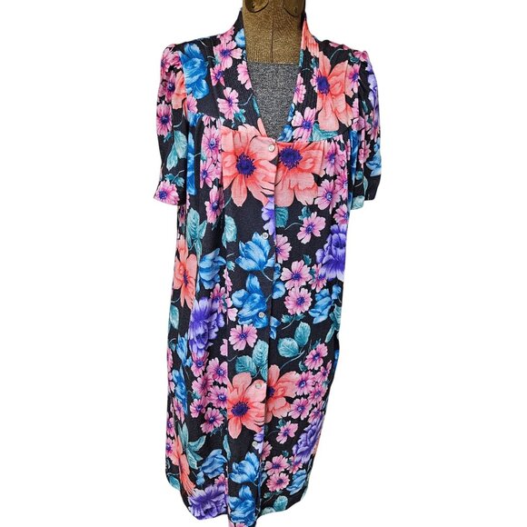 Vintage Lorraine Floral Button Down House Dress S Polyester Short Sleeve USA - Picture 1 of 10